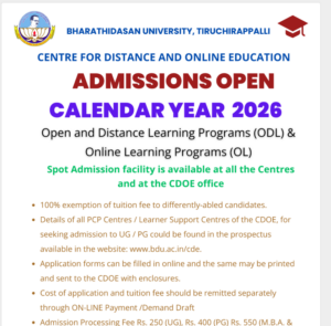Bharathidasan University Distance Education Admission 2026 Notification